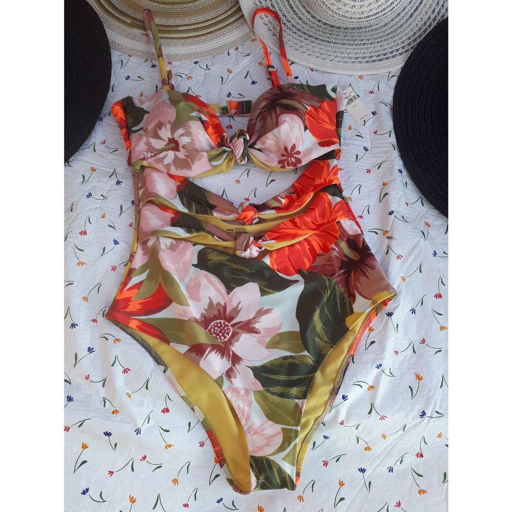 Aerie womens medium Cheeky Coquine one piece sage green neon orange Hawaiian swi